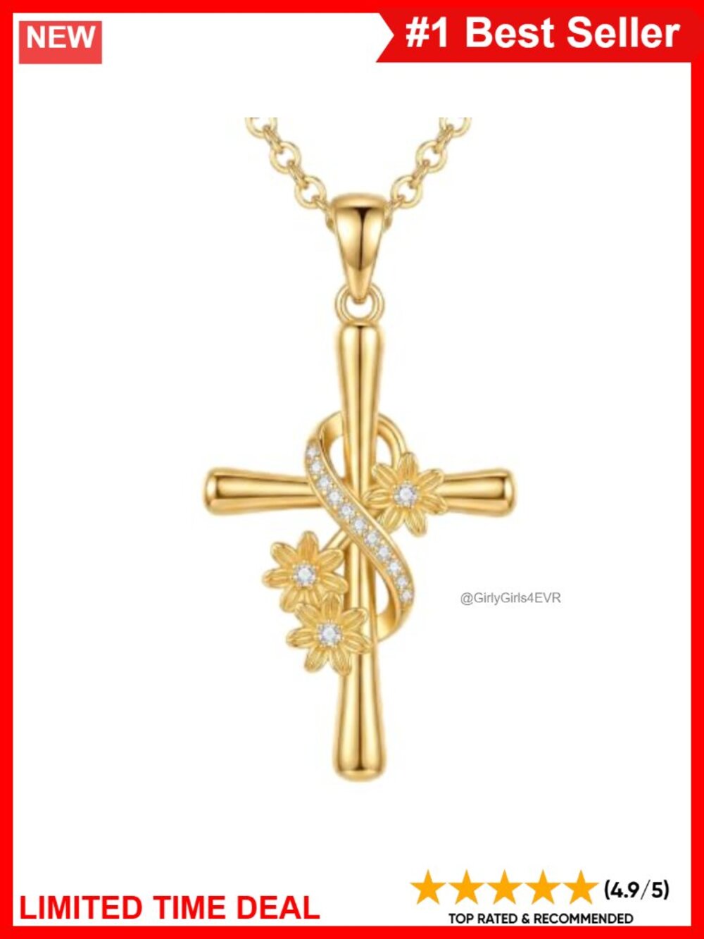 Gold Plated Sunflower Cross Pendant Necklace Cubic Zirconia
